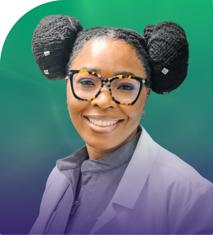 Mental health professional wearing tortoiseshell glasses and purple shirt against gradient green-to-blue background