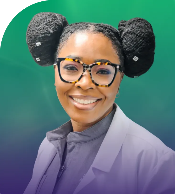 Mental health professional wearing tortoiseshell glasses and purple shirt against gradient green-to-blue background