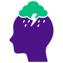 Purple head silhouette with green leaf and lightning bolt representing PTSD and trauma