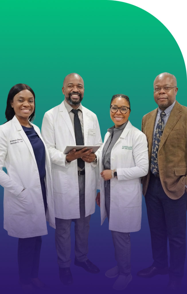 Four healthcare professionals, two in white coats and two in business attire, standing against a teal and blue gradient background