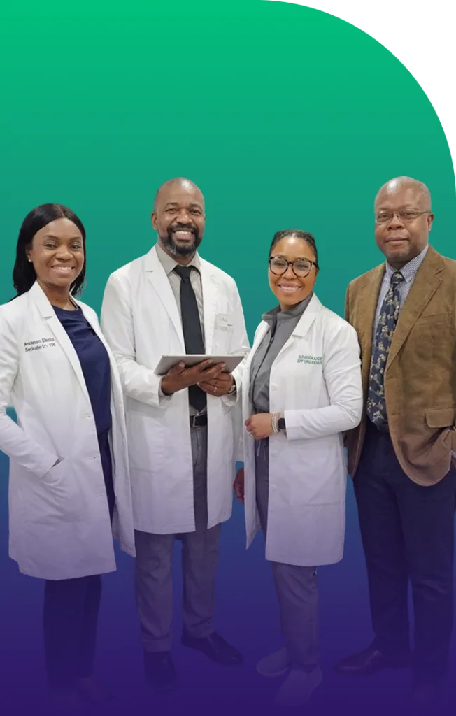 Four healthcare professionals, two in white coats and two in business attire, standing against a teal and blue gradient background