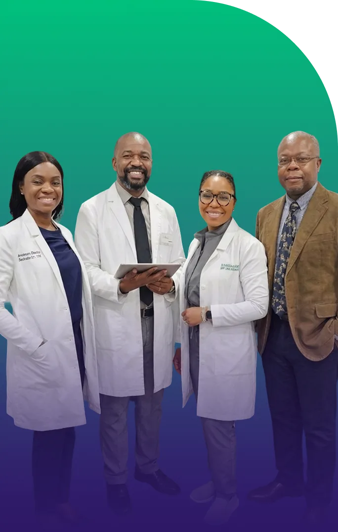 Four healthcare professionals, two in white coats and two in business attire, standing against a teal and blue gradient background
