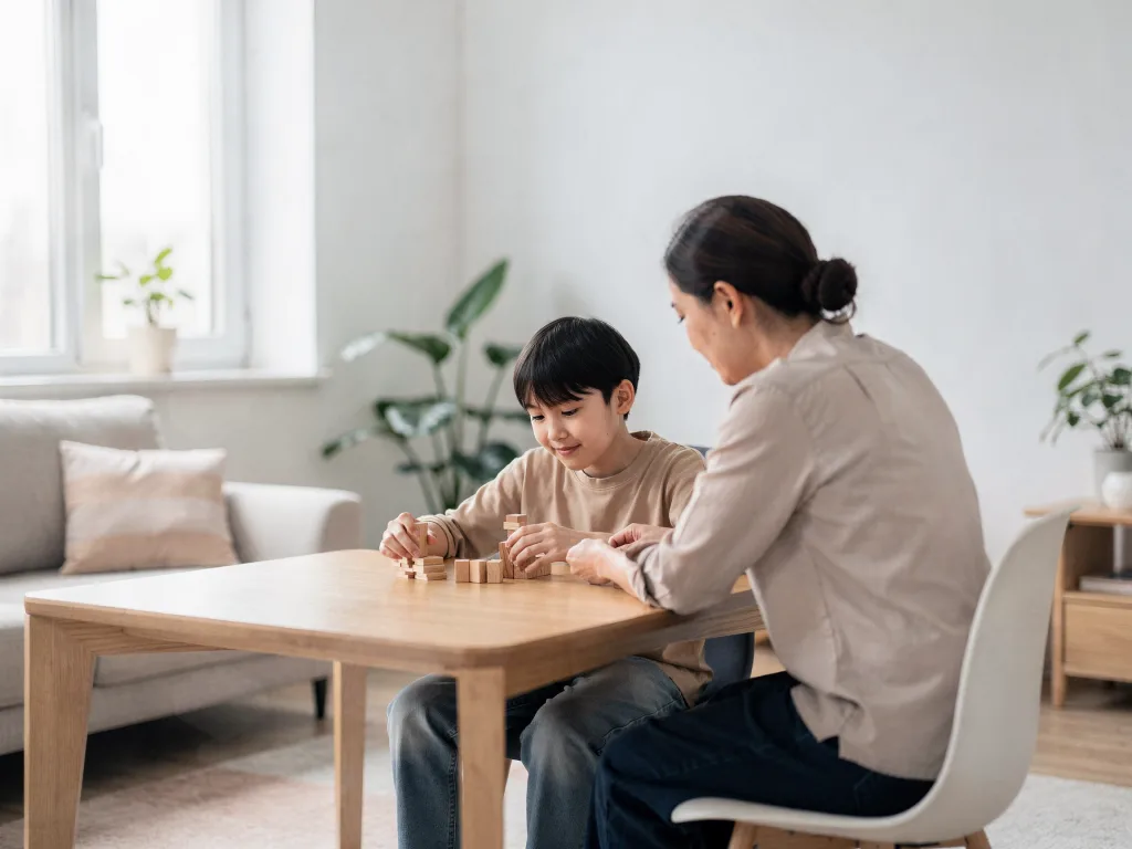 Adult and child sitting at a wooden table playing with wooden blocks in a bright living room