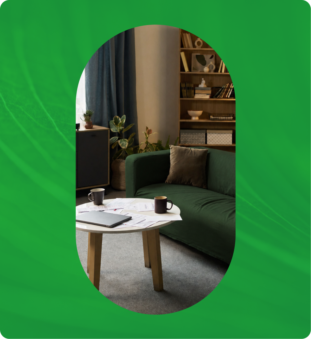 Wellness consultation room with green sofa, white marble table, potted plant, bookshelf, and natural light from window