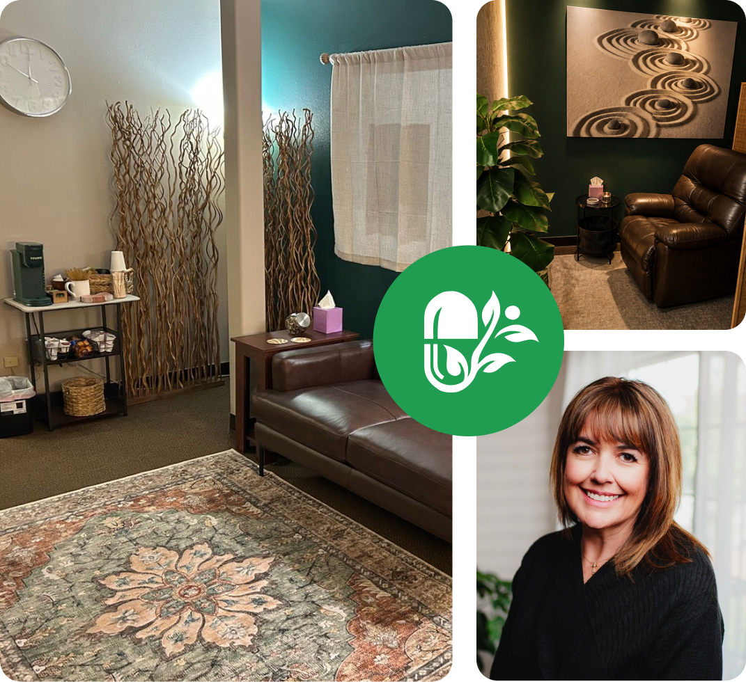 Myndful Wellness logo with wellness studio interior, meditation room, and smiling practitioner