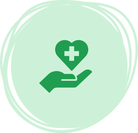 Green hand holding a heart with a medical cross symbol