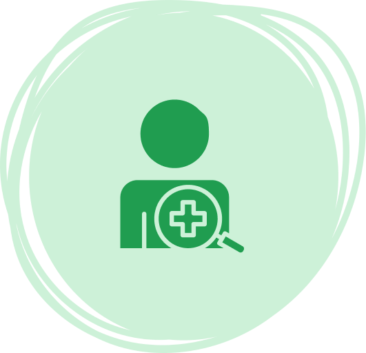 Person with medical cross symbol and magnifying glass icon on mint green circular background
