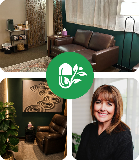 Welcoming treatment room with brown leather sofa, textured wall art, shelving with amenities, and green accent wall