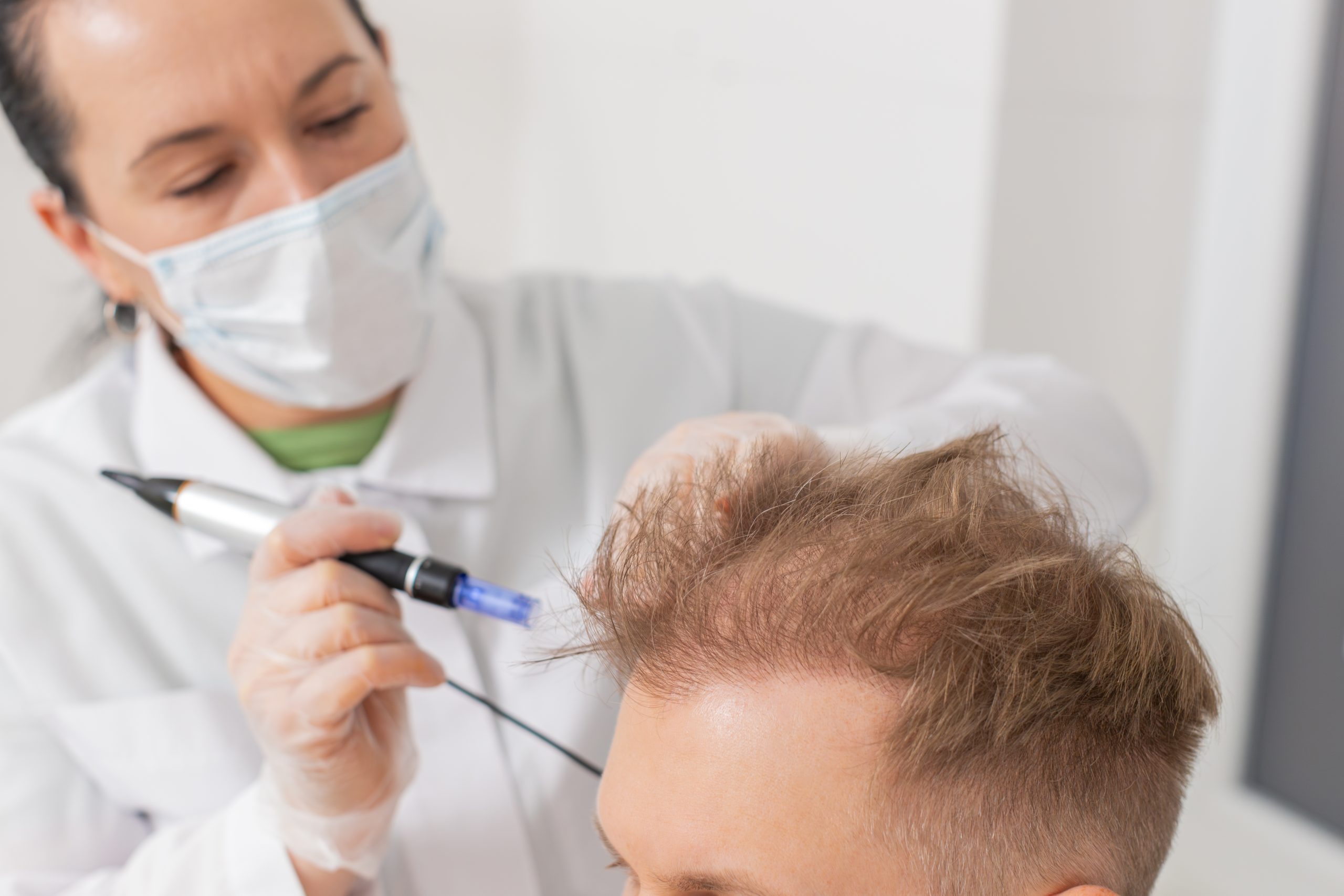 Medical professional in mask administering scalp injection to male patient