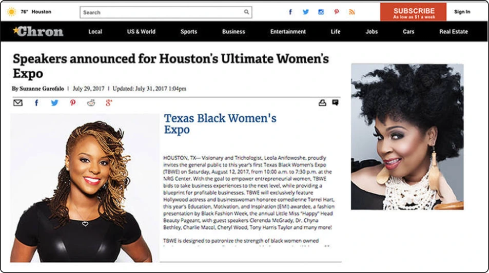 Chron.com article announcing speakers for Houston's Ultimate Women's Expo with two women's headshots