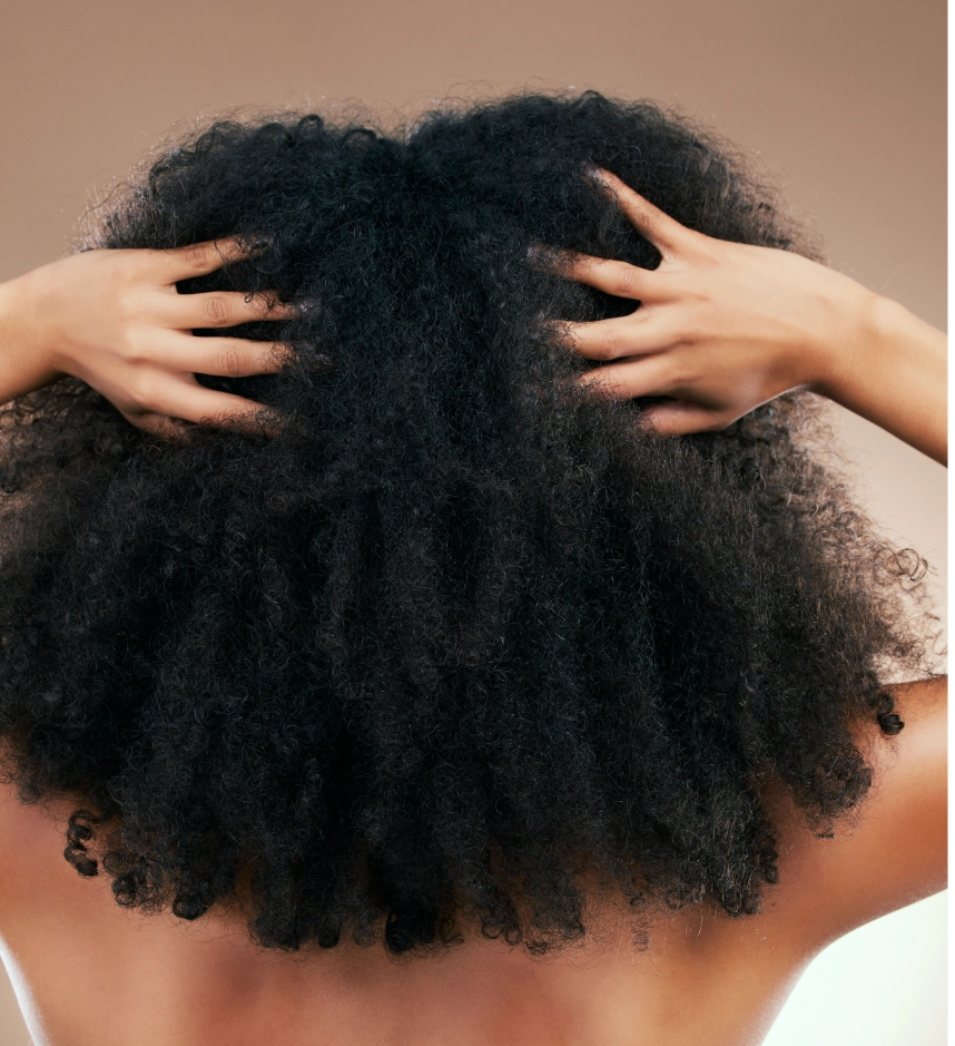 Person with hands touching full, voluminous textured hair from behind