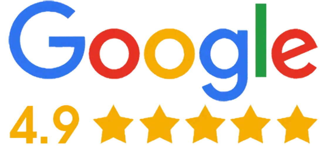 Google logo with 4.9 star rating displayed in five gold stars