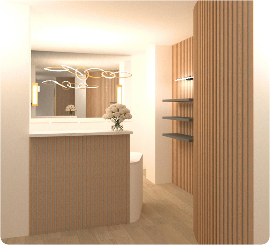 Modern aesthetic practice reception area with illuminated mirror, wood-paneled walls, and white flowers in glass vase