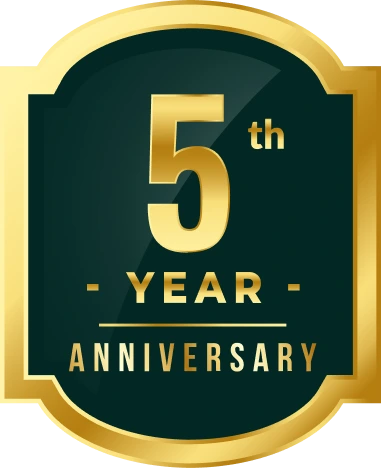 5th Year Anniversary badge in gold and teal