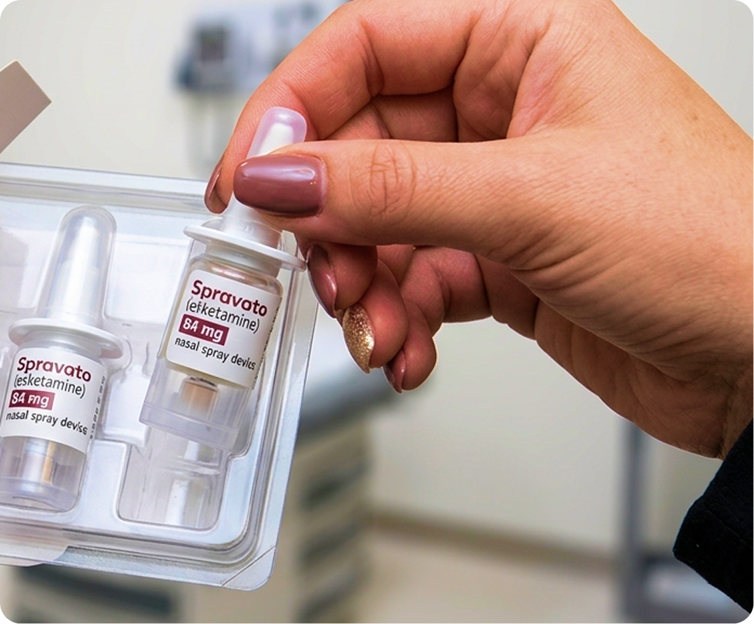 Hand holding Spravato nasal spray device with medication packaging displayed