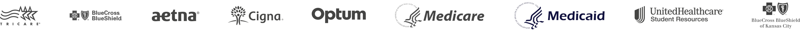 Insurance provider logos including BlueCross BlueShield, Aetna, Cigna, Optum, Medicare, and Medicaid