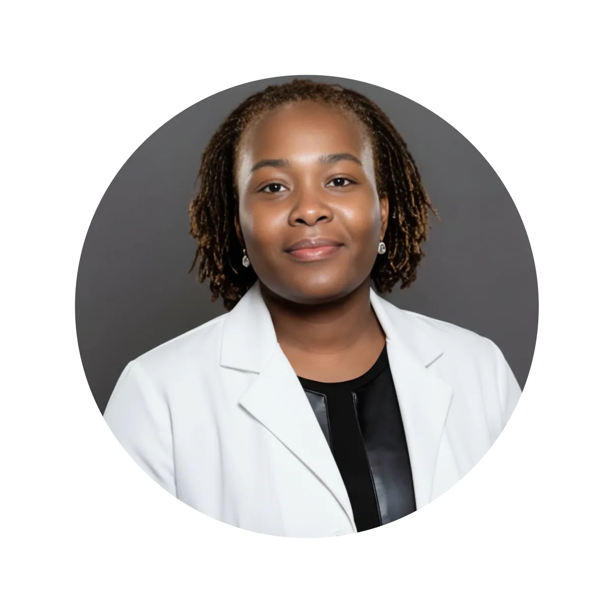 Healthcare provider in white blazer with dark shirt, circular portrait on gray background