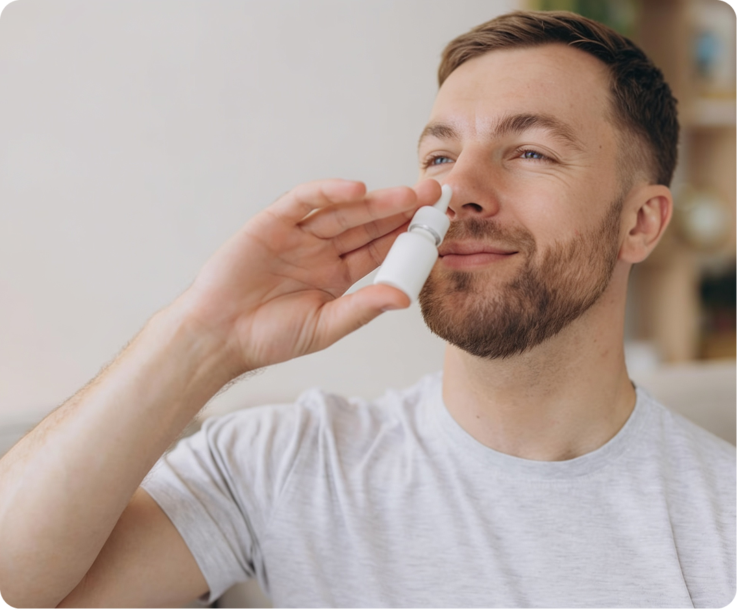 Man using nasal spray applicator