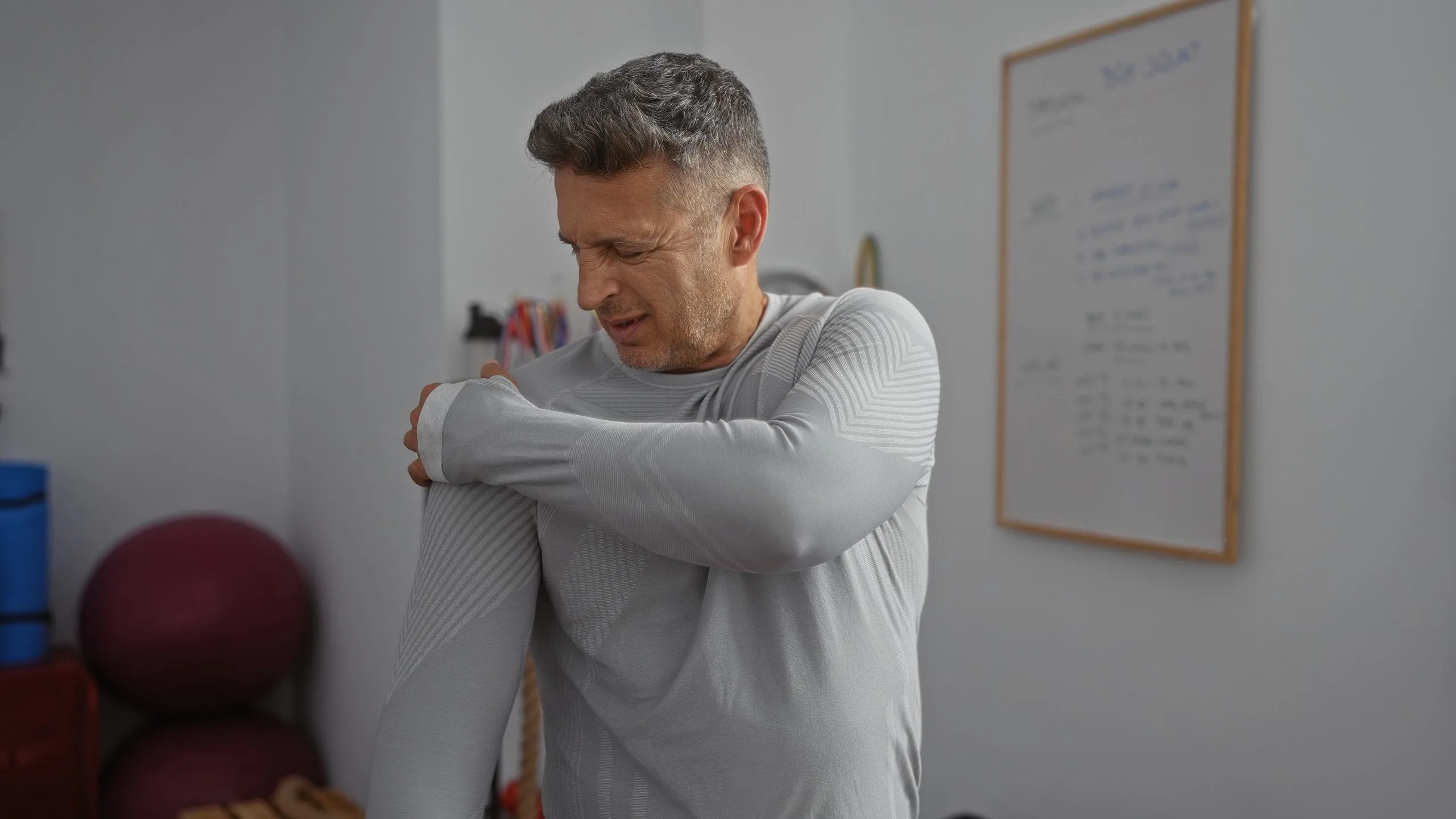 Man in a clinical setting holding his shoulder with a grimace