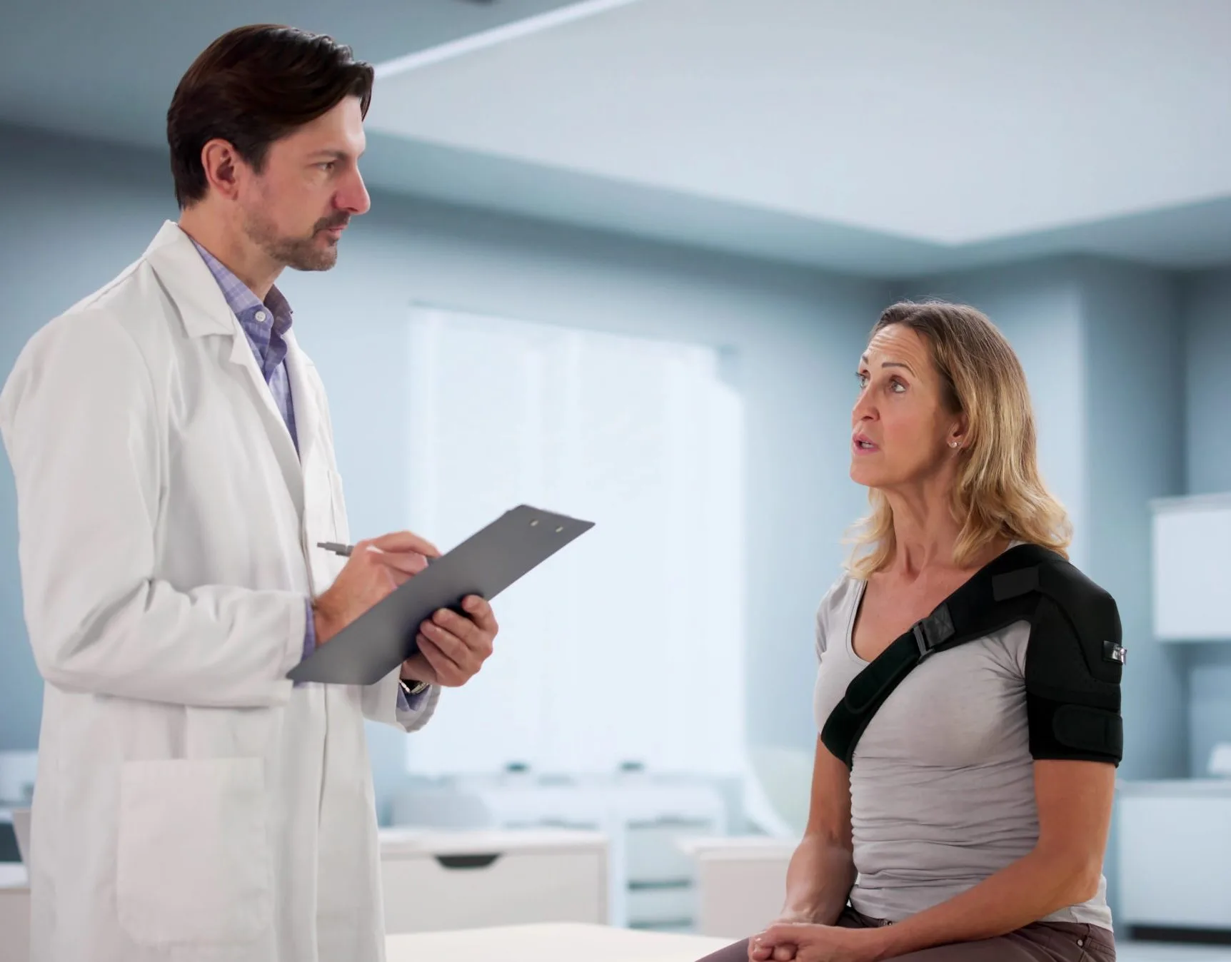 Orthopedic surgeon consulting with a patient wearing a shoulder brace in a clinical exam room
