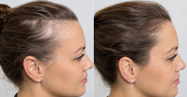 Side-by-side before and after hair loss treatment showing increased hair density at the hairline and crown