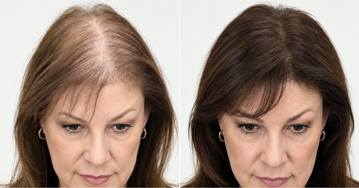 Before and after hair loss treatment showing increased hair density and fullness at the crown