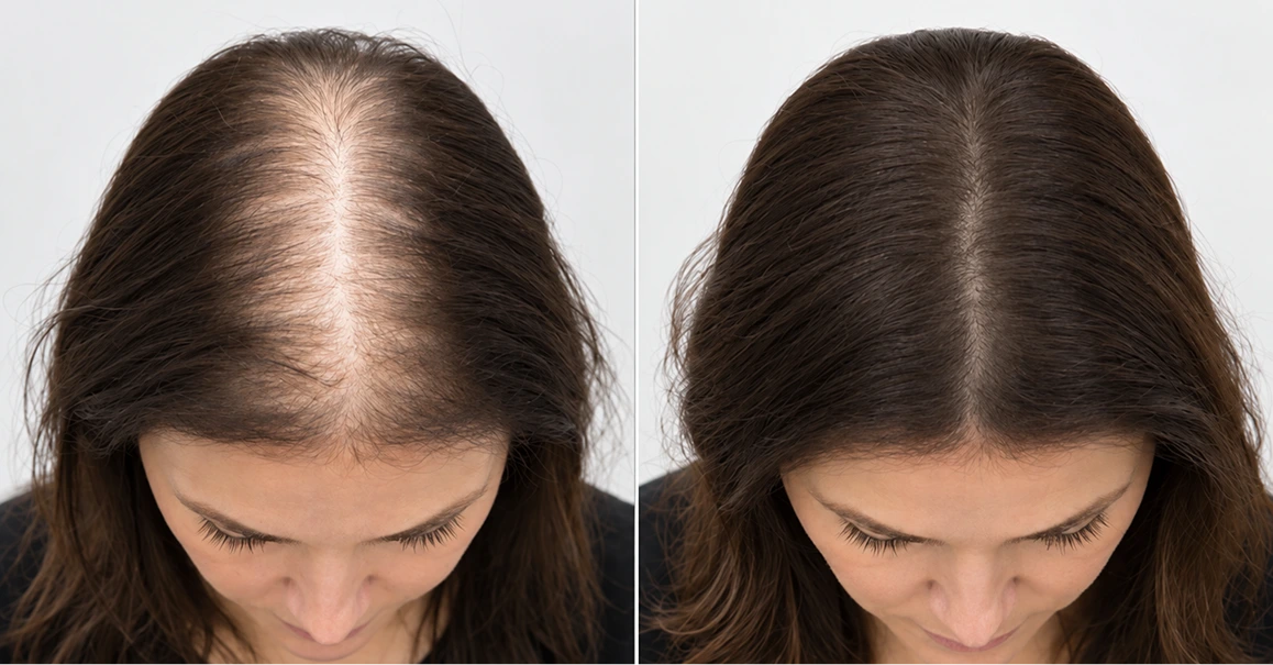 Before and after hair loss treatment showing increased hair density at the crown
