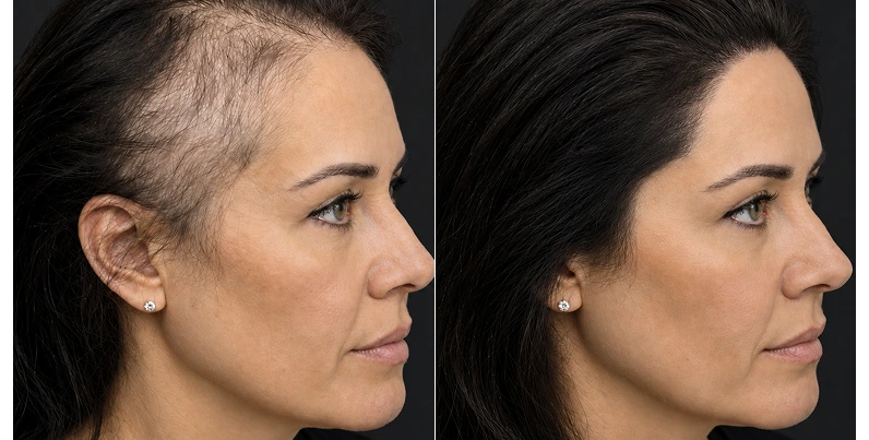 Before and after profile comparison showing hair regrowth on the scalp following hair loss treatment