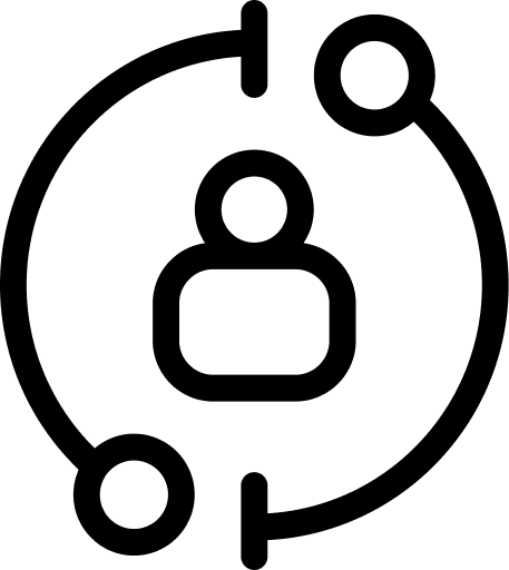 Person silhouette inside circular arrows with magnifying glass