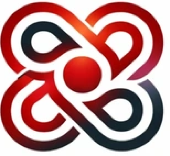 Stylized red and dark blue geometric logo with interconnected curved shapes and central circle