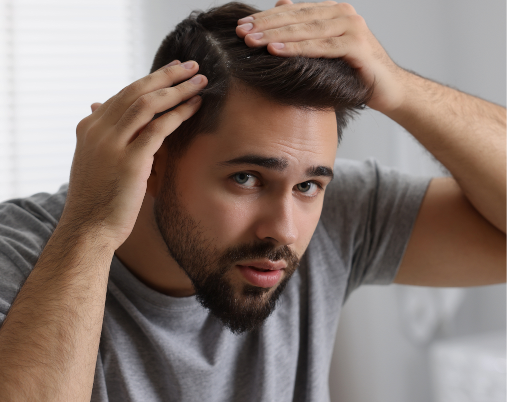 Man examining his hairline and hair loss on top of his head