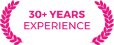 30+ years experience badge with pink laurel wreath design