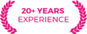 20+ years experience badge with pink laurel wreath design