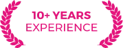 10+ YEARS EXPERIENCE badge with pink laurel wreath design