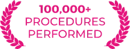 100,000+ Procedures Performed badge with laurel wreath design