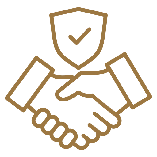 Two hands shaking with protective shield and checkmark symbolizing respect and trust