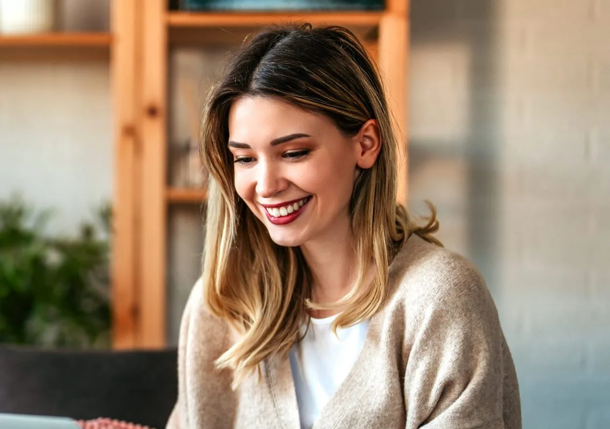 Smiling woman working at a laptop – medication management patient in Norristown, PA