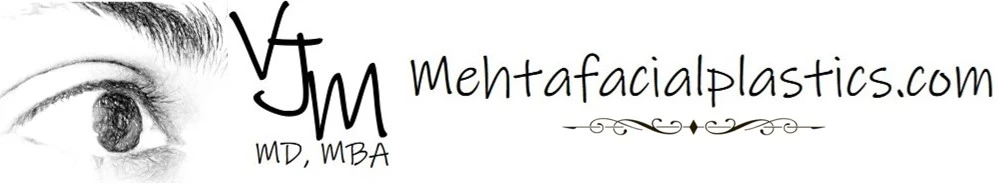 VJM MehtafacialPlastics.com logo with eye illustration and MD, MBA credentials