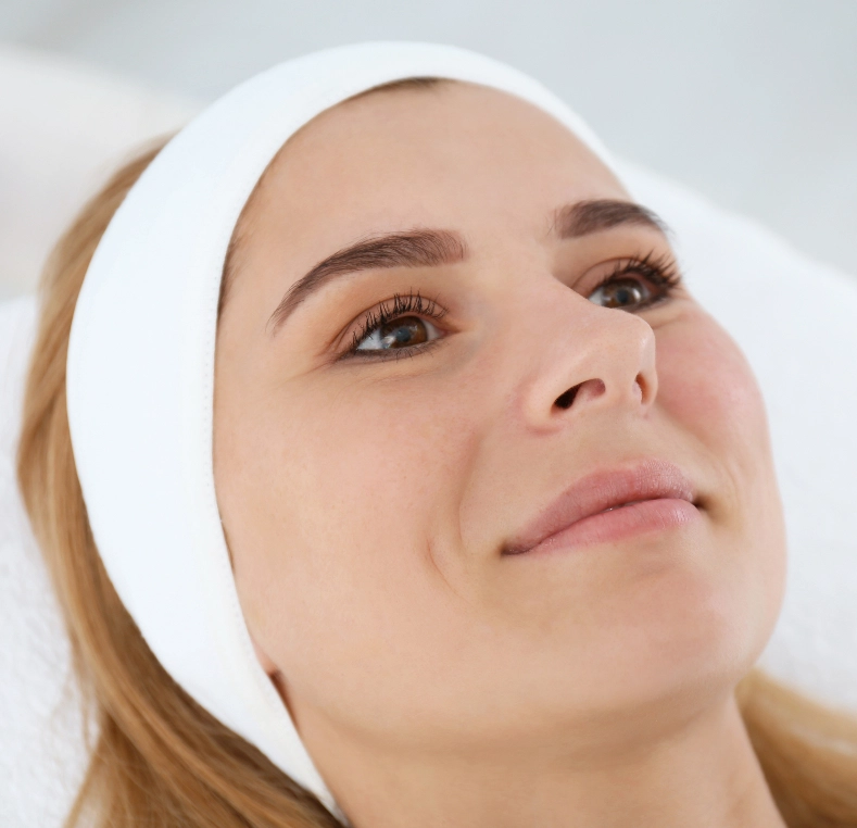Patient wearing white headband looking upward during facial treatment consultation