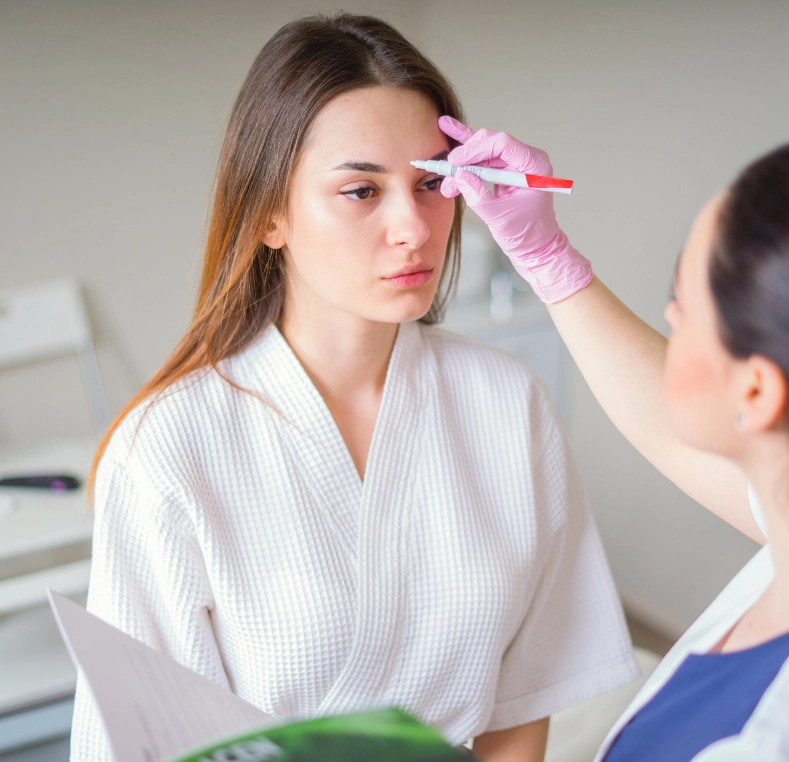 Practitioner in pink gloves marking eyebrow area on patient's face during aesthetic consultation
