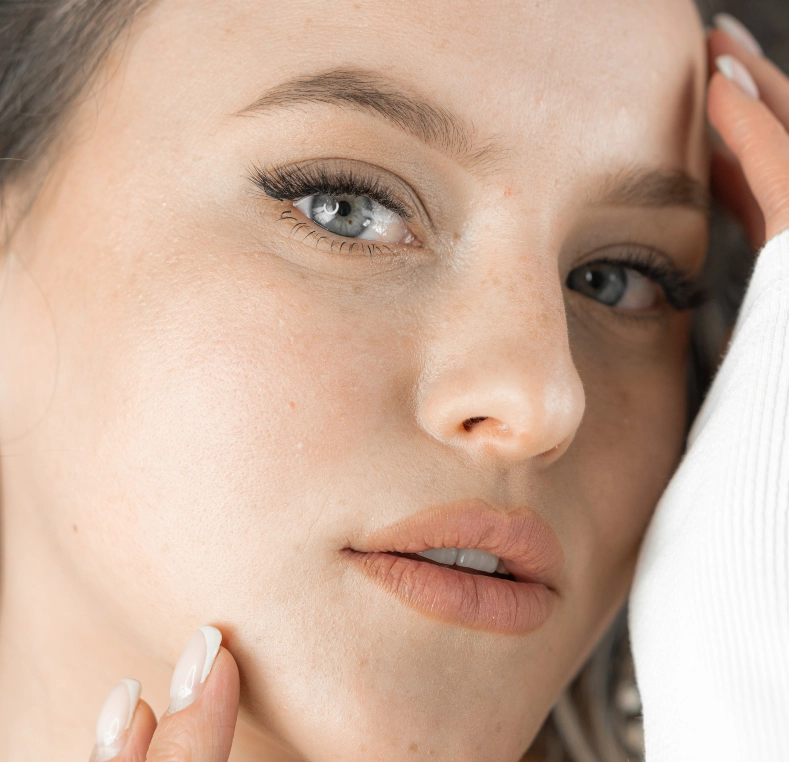 Woman in profile touching her cheek near her eye with concerned expression