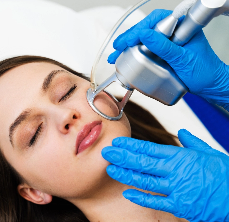 Practitioner in blue gloves using radiofrequency device on patient's face and neck during treatment