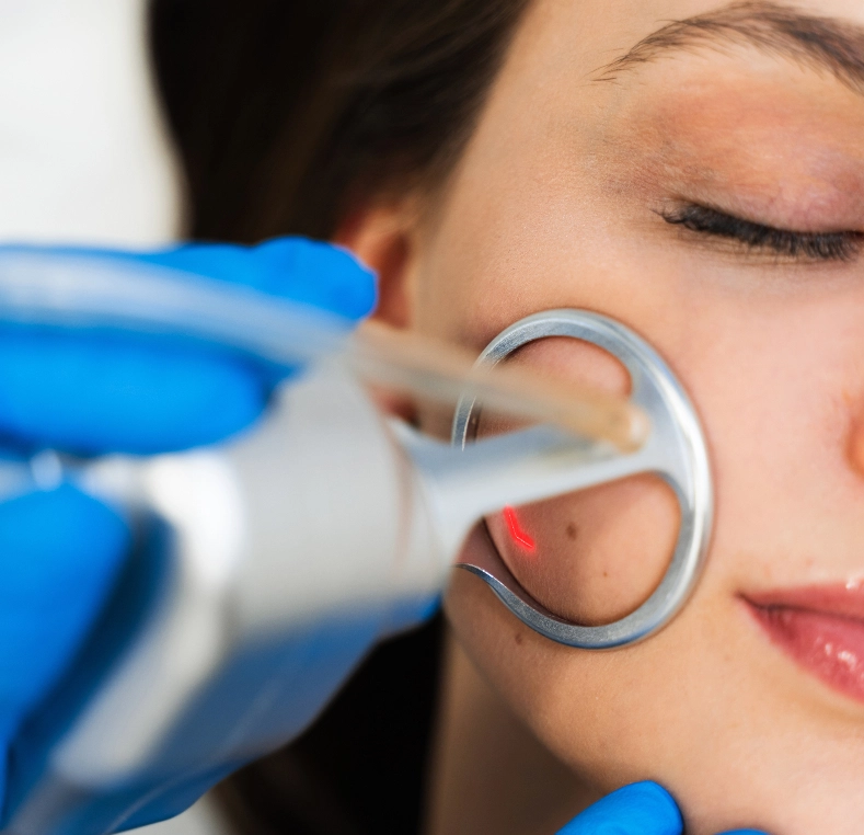 Practitioner in blue gloves using handheld device with red light on patient's cheek during facial procedure