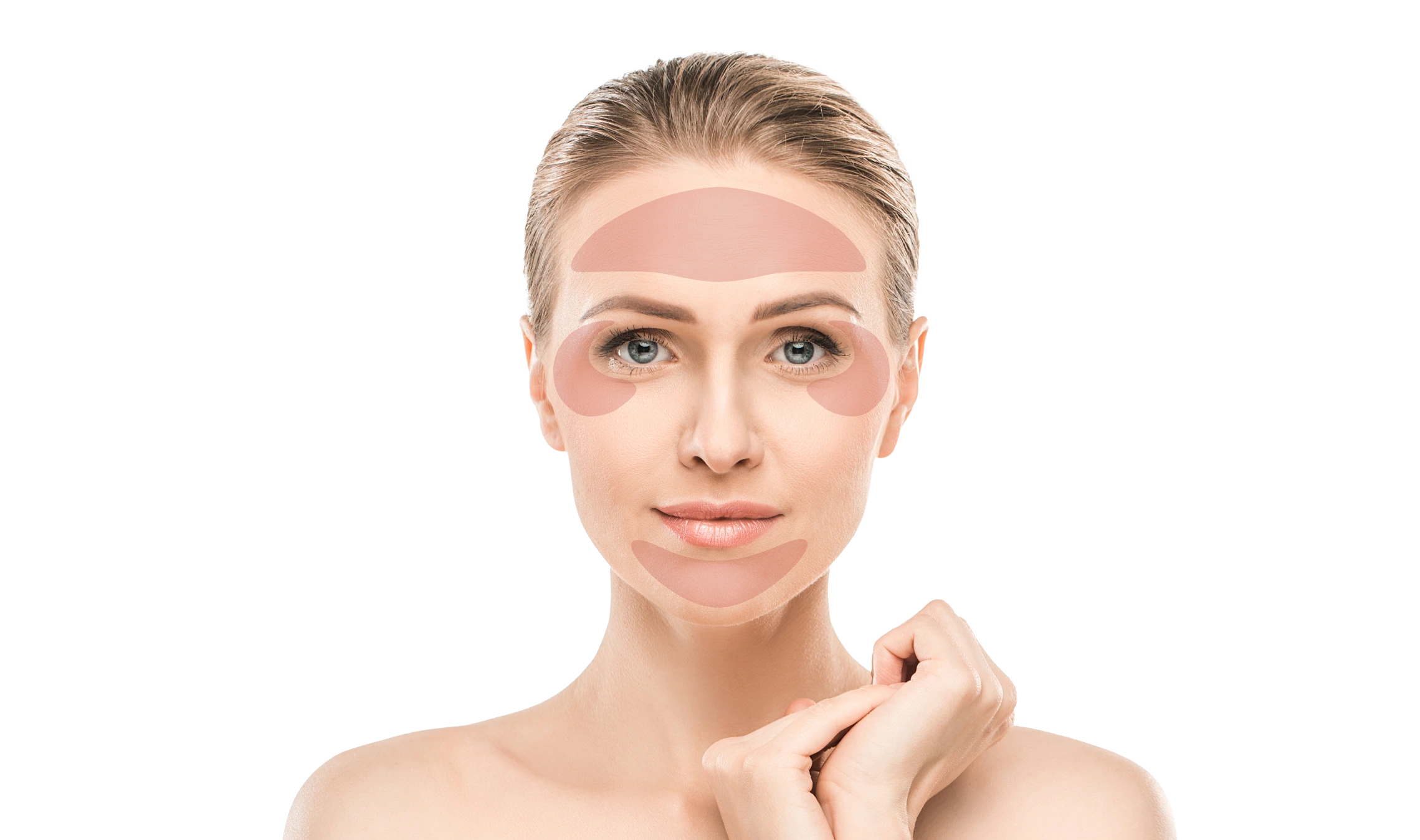 Woman's face with forehead, under-eye, and cheek areas highlighted in pink overlay