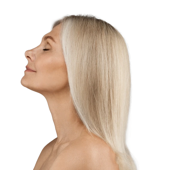 Woman with long blonde hair shown in profile against white background