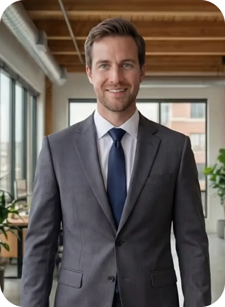 Professional man in gray suit and blue tie smiling in modern office with wooden ceiling