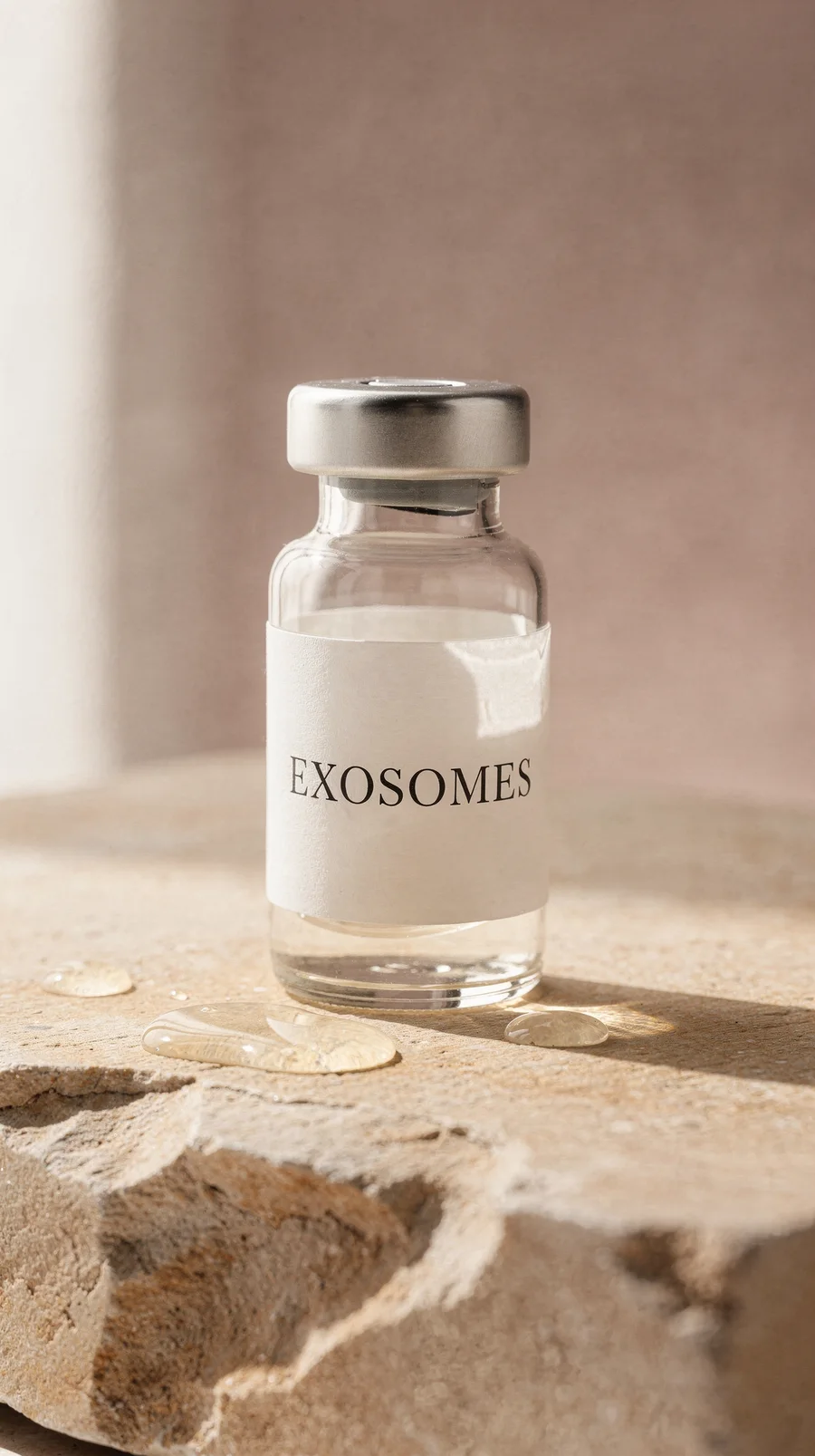 Small glass vial labelled Exosomes on a beige stone surface in soft natural light