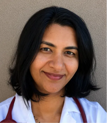 Woman with black hair smiling at camera wearing white coat with stethoscope