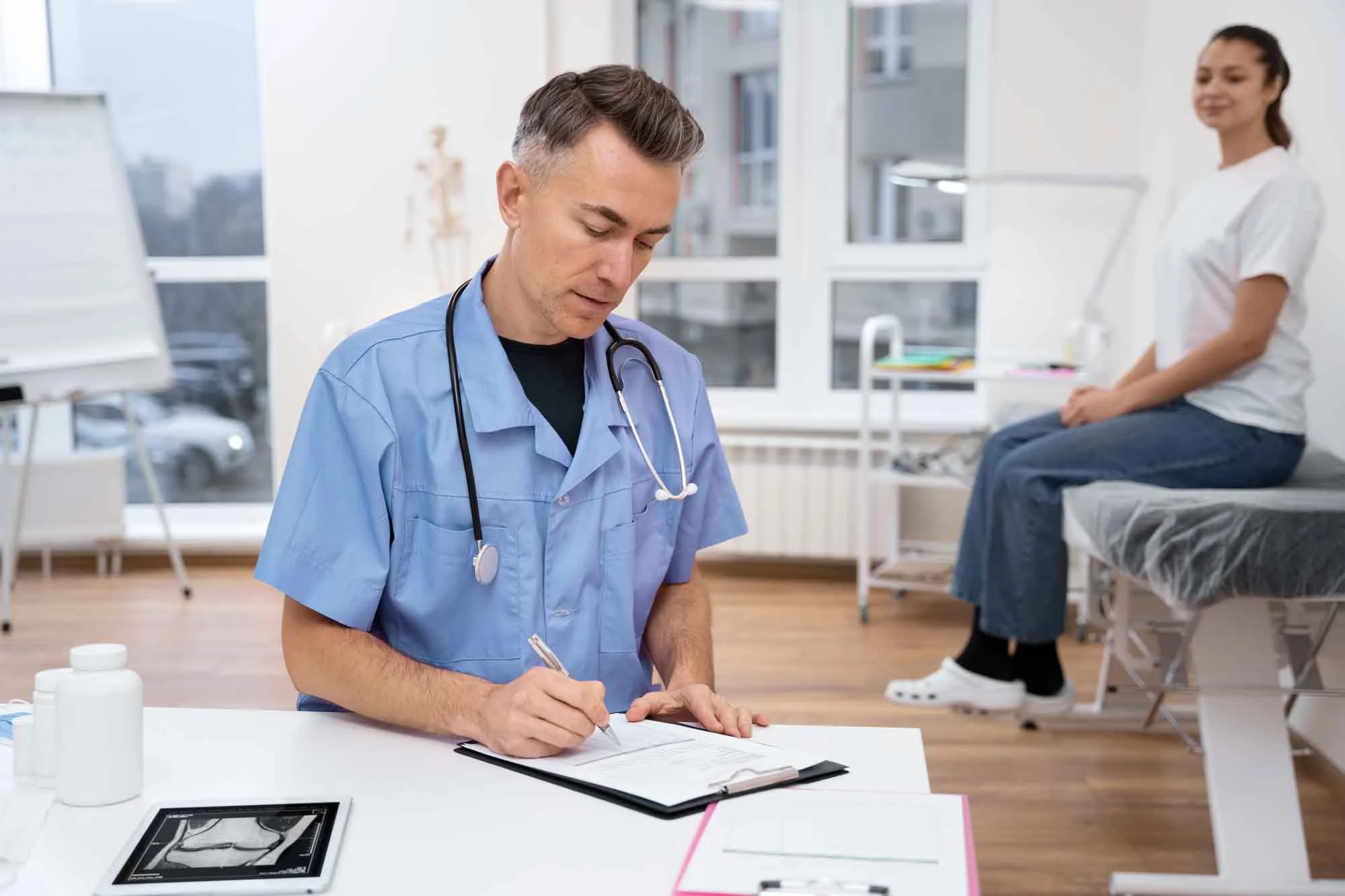 Doctor in blue scrubs writing notes at desk while patient sits on examination table in clinic room
