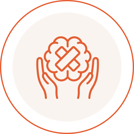 Icon of hands cradling brain with bandage cross representing PTSD and trauma